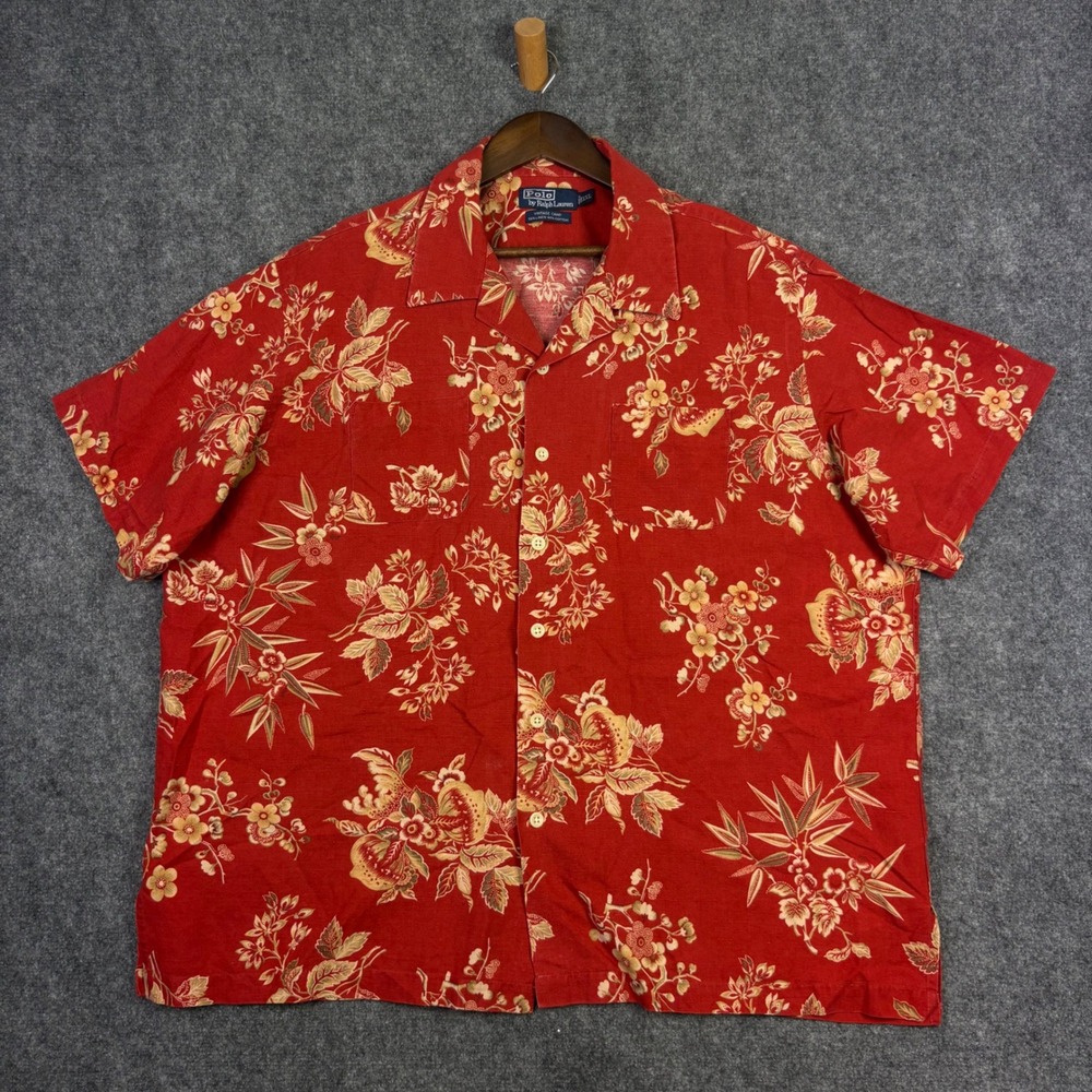 Polo Ralph Lauren Vintage Camp Shirt Mens XXL Red Floral Linen Cotton Hawaiian
